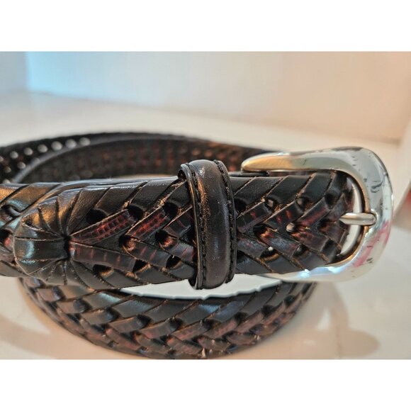 Brighton Berma Mens Sz 36 Black Hand Woven Leather Belt With Silver-Tone Buckle - Picture 3 of 8